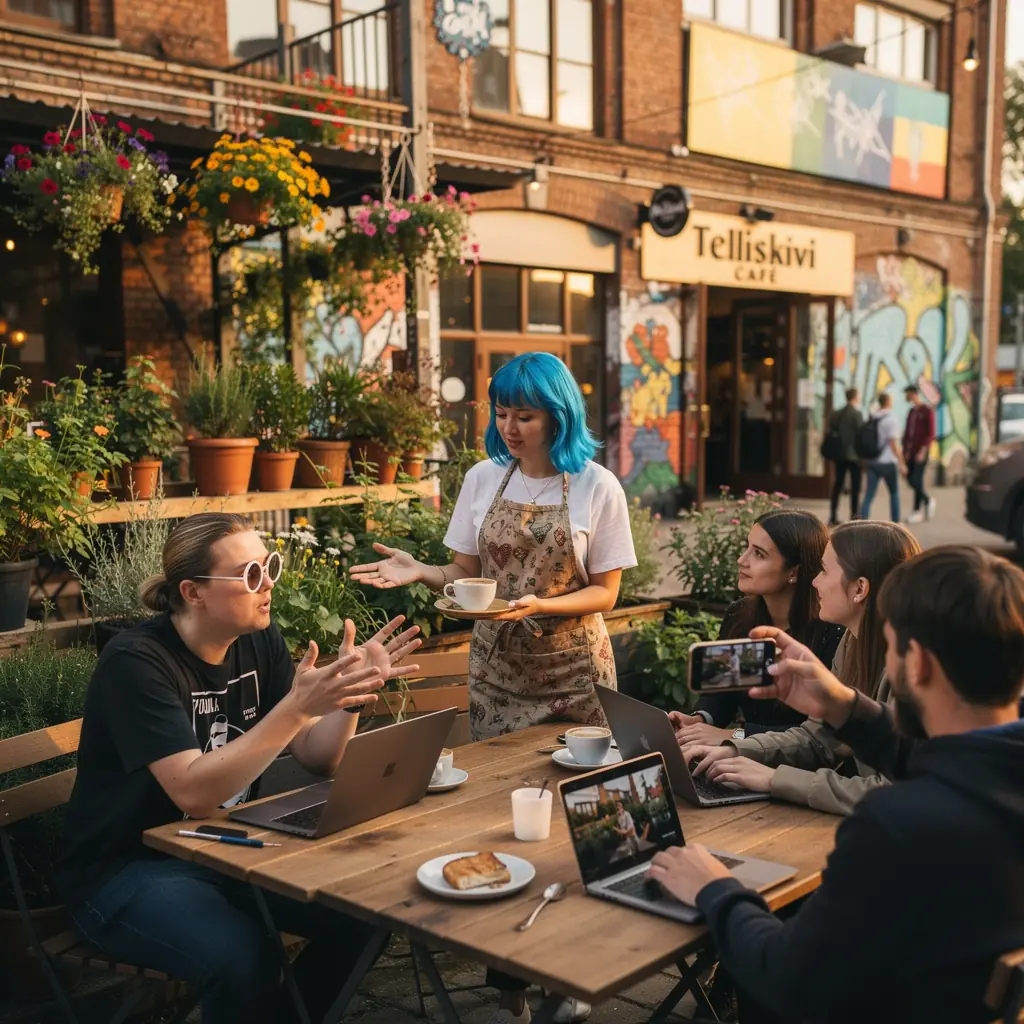 Päikesepaisteline päev, mil inimesed naudivad turu atmosfääri ja toiduvalikuid.